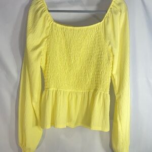 Yellow Smocked Peplum Top Square Neck Long Sleeve Women’s large